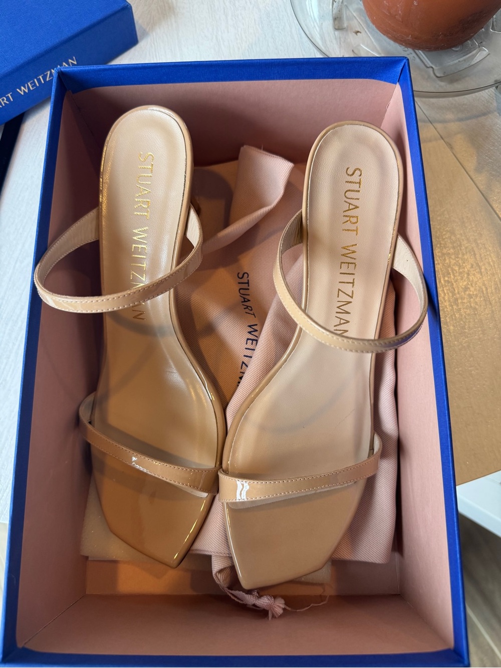 Stuart Weitzman Aleena 75 Blush Patent Slingback Sandals
